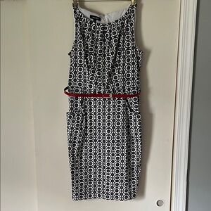 Nine West Black and White Patterned Midi Dress with Red Belt
